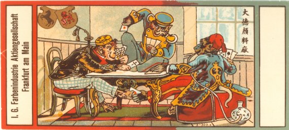 Historische BASF-Verpackung mit einer Gruppe von Affen beim betrügerischen Pokern. Durch die Integration von Motiven mit kulturellem Symbolwert wie Drache und Affe bewies das Unternehmen Sensibilität und sicherte sich Verkaufserfolge. © Corporate History / Unternehmensarchiv BASF (Ludwigshafen)