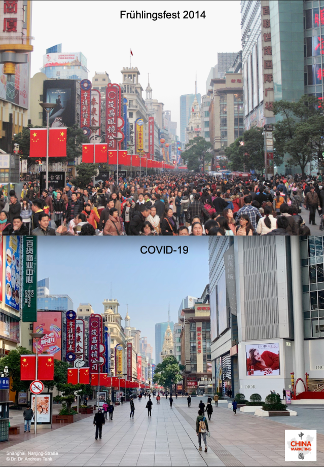 Nanjing-Straße in Shanghai: Frühlingsfest 2014 vs. Coronavirus COVID-19